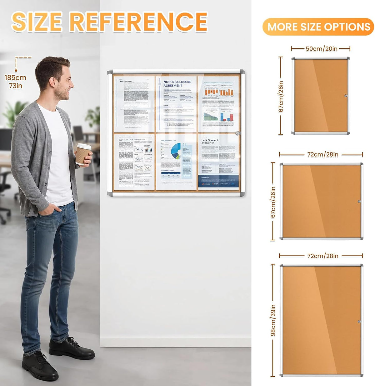 28x26 in Enclosed Bulletin Board Cork Notice Board, Silver Frame