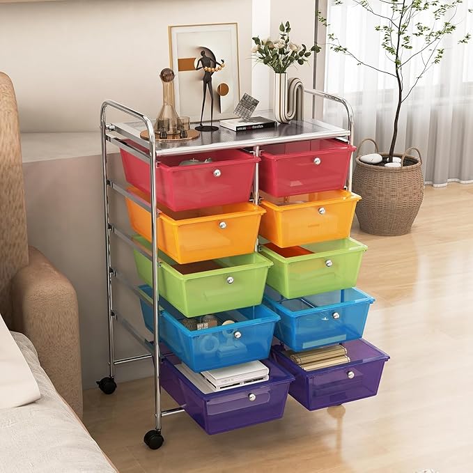 LDAILY 10 Drawer Rolling Cart, Storage Cart Organizer on Wheels, Drawer Cart - Image 2