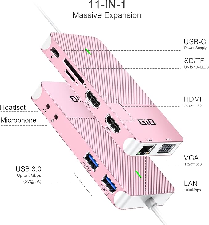 USB Docking Station GIQ USB C HUB USB 3.0 to Dual HDMI VGA Adapter Triple - Image 2