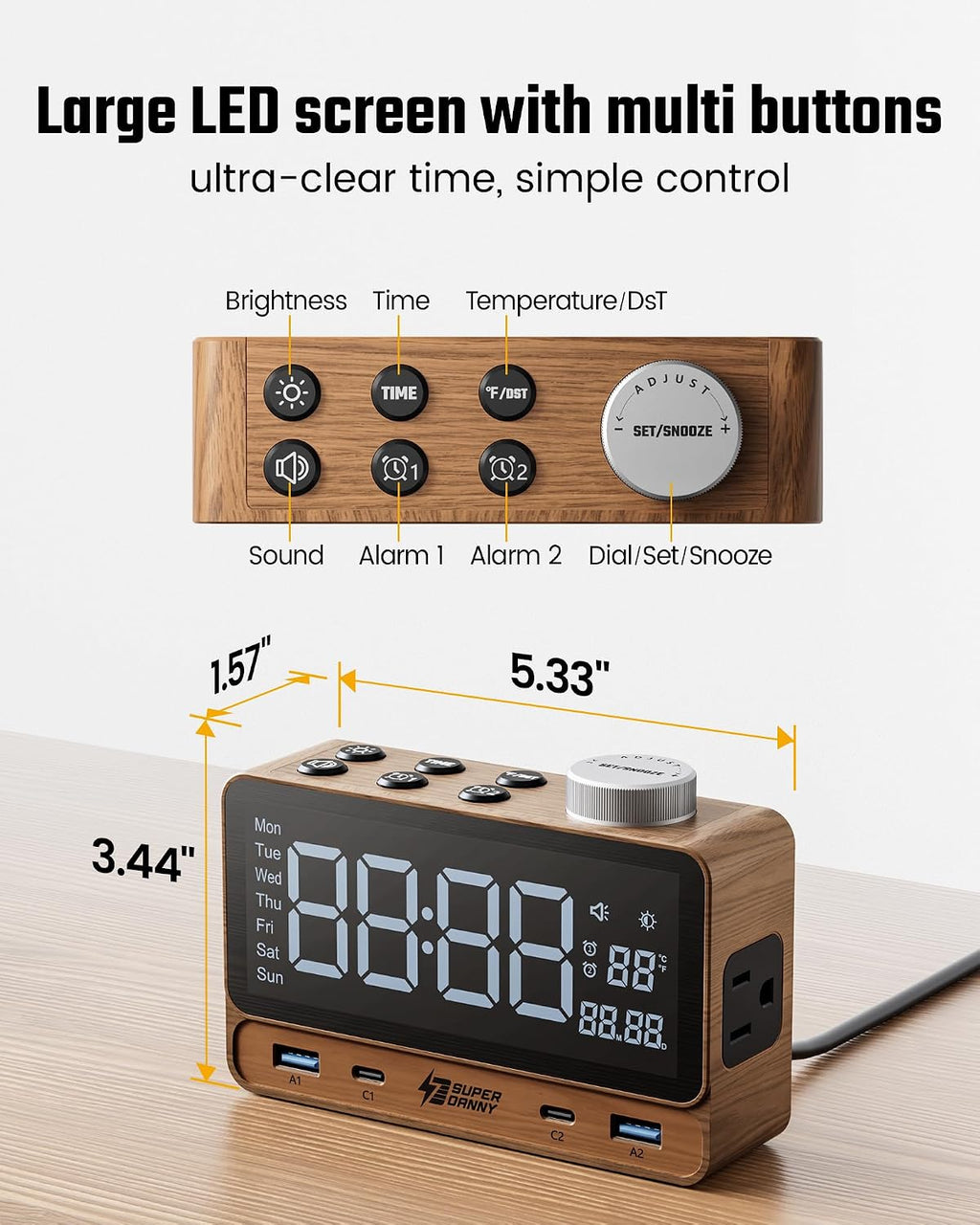 superdanny alarm clock with pd 20w, 4 usb, view 9