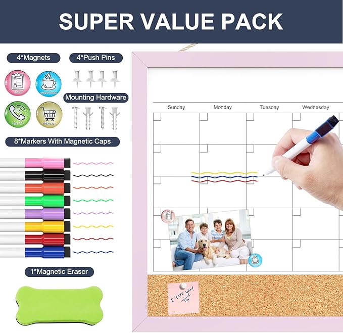Dry Erase Calendar Cork Board Combo, 18x24 Inches Calendar Whiteboard - Image 5