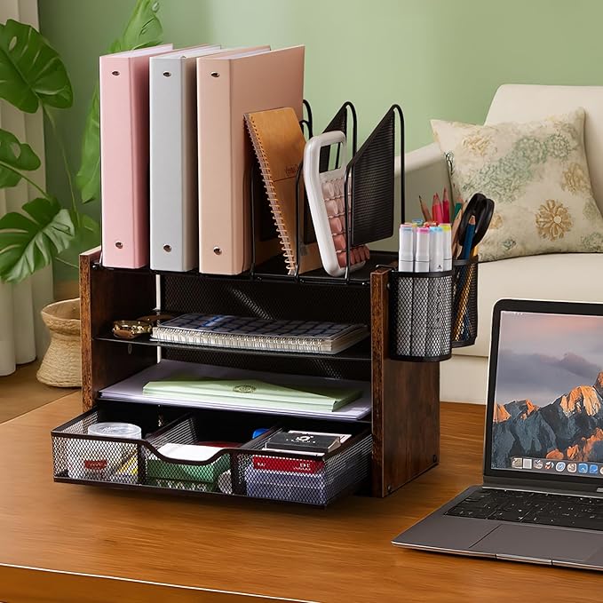 Y YOMA Wooden Desk Organizer, 4-Tier Mesh Desk Organizer - Image 2