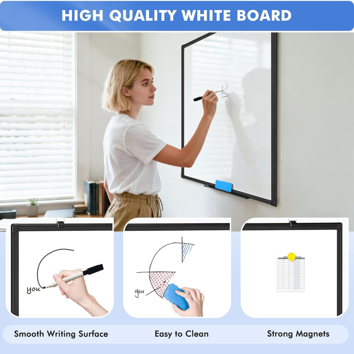 Double-Sided White Board Dry Erase Magnetic Whiteboard Wall 36x24 Black