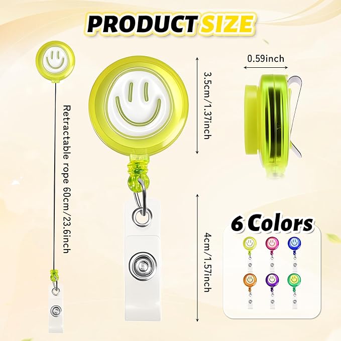 6Pcs Cute Badge Reel Set – Happy Face Retractable Badge Holder - Image 2