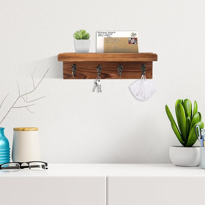 HRONRAD Rustic Key Holder for Wall, Farmhouse Wall Shelf - Image 2