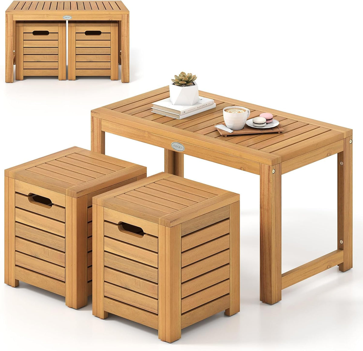 tangkula acacia wood outdoor coffee table with stools, main product view