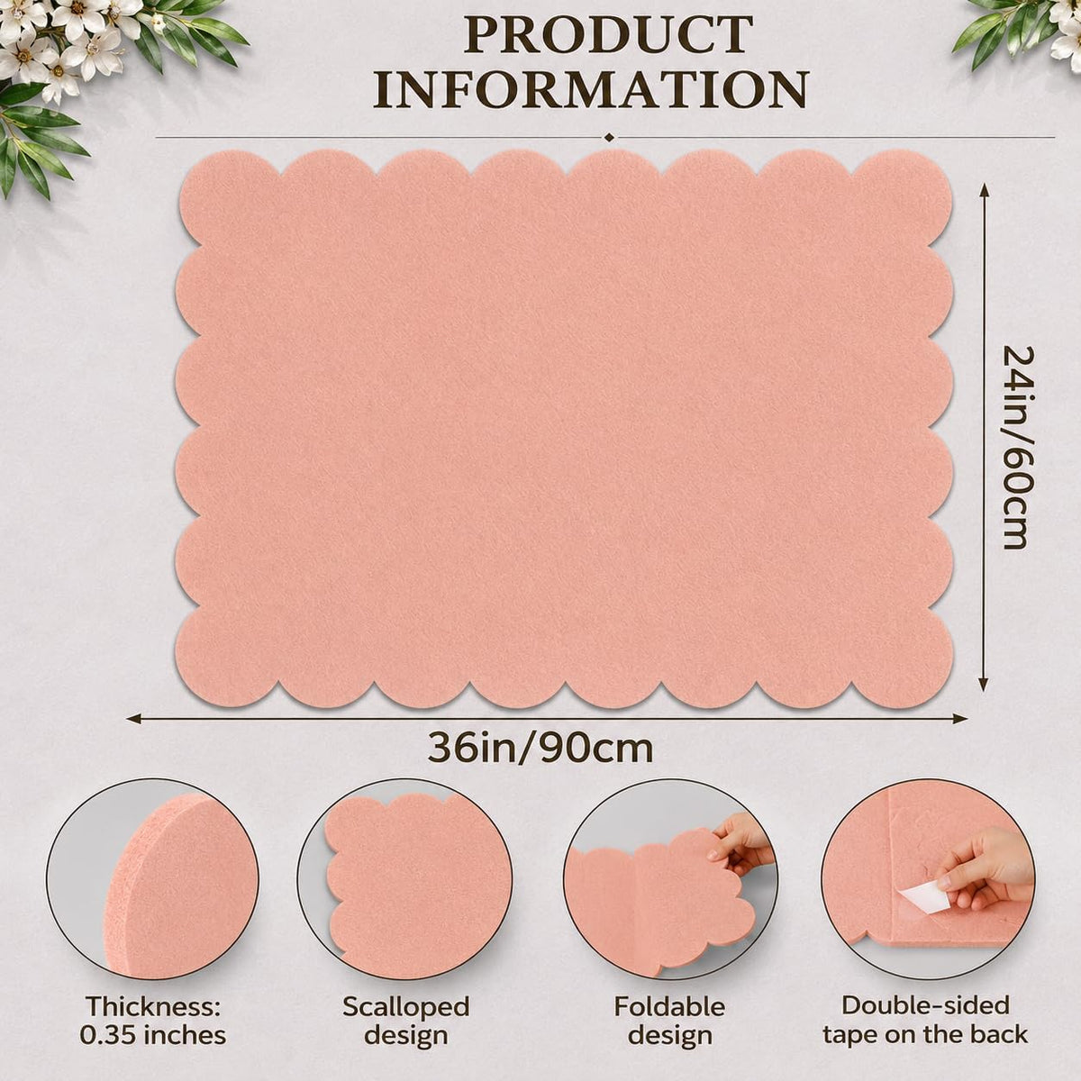 Scalloped Felt Bulletin Board 36 x 24 Inches, Pink Pin Board for Wall