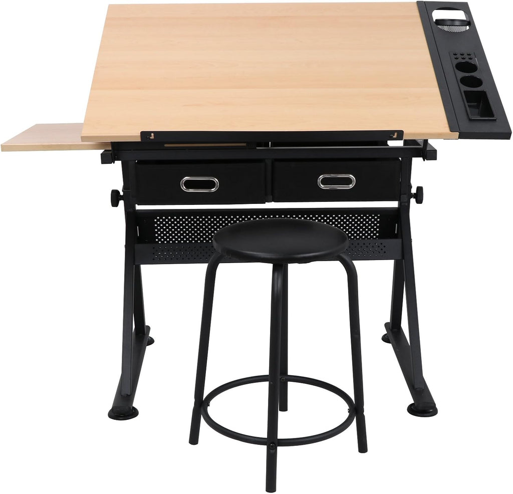 Adjustable Height Drafting Desk Drawing Table Tiltable Tabletop for Reading, Writing Art Craft w/Stool and Drawers