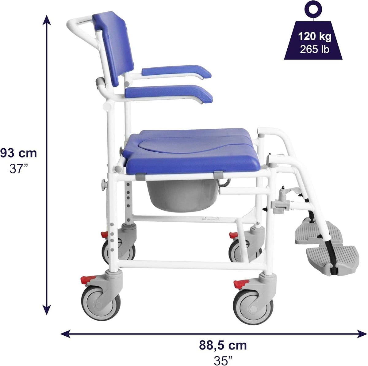KMINA Rolling Shower Chair with Wheels and Brakes, Commode Toilet, Blue