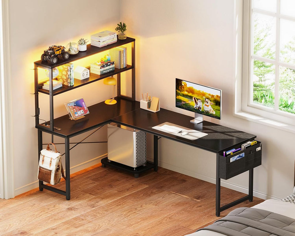 ODK 61" L Shaped Gaming Computer Desk with Shelves, LED & Outlets, Black | Headset hook. Storage bag. Shelves for books & supplies. LED for gaming nights. Reversible. Room for multiple monitors.