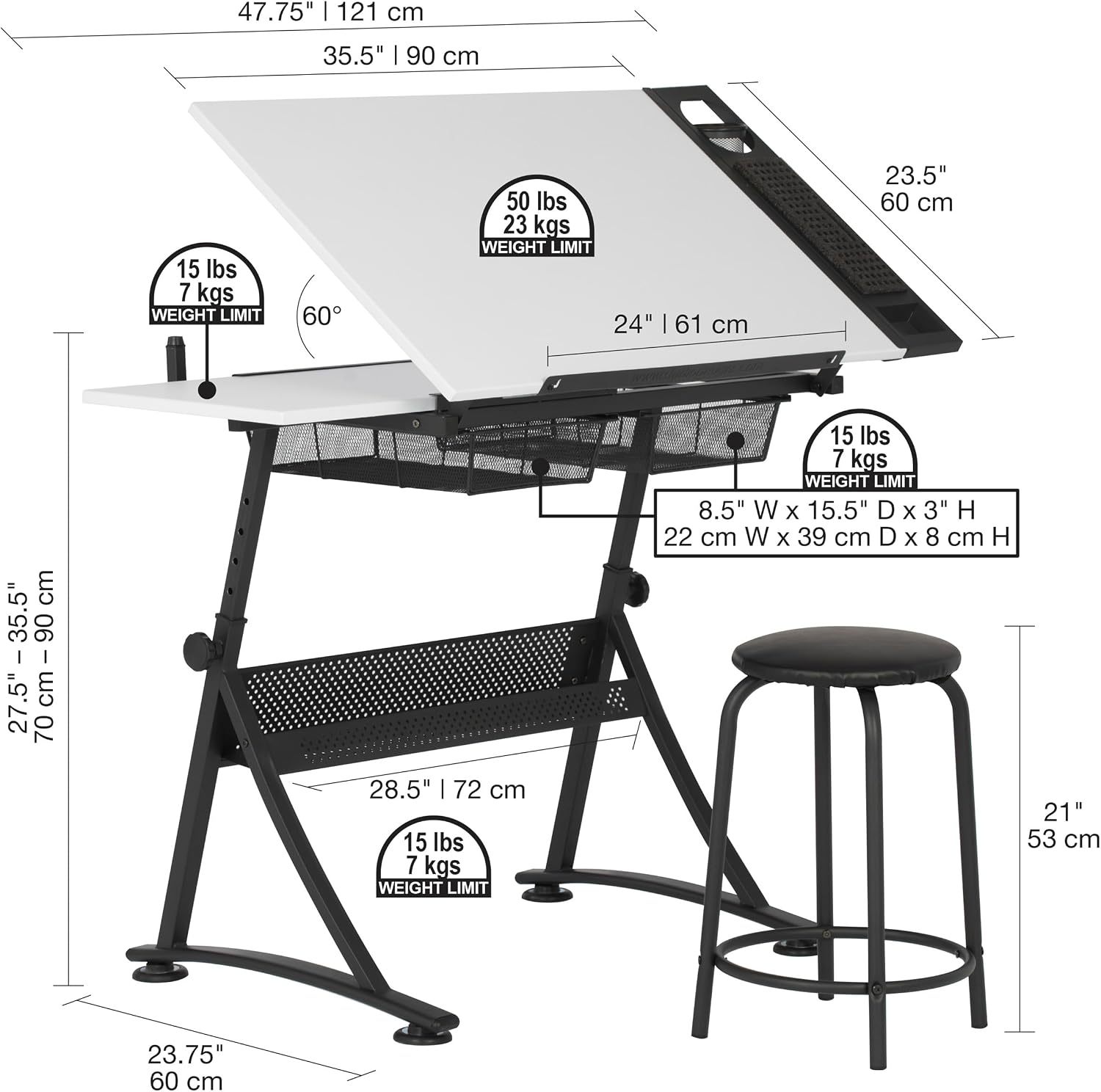 Fusion Drafting Table with Stool, Height Adjustable Desk with Tilt Top, Charcoal / White