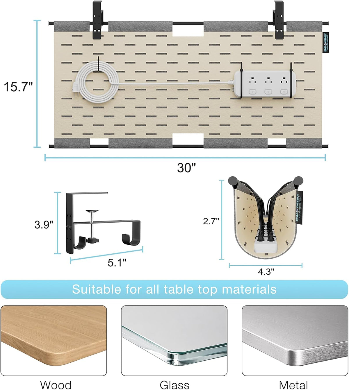Under Desk Cable Management Tray No Drill, 30" Felt Standing Desk Cable ...