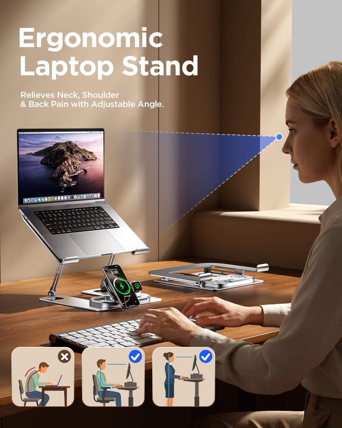 Adjustable Laptop Stand with Wireless Charger, Qi2 15W, 4in1