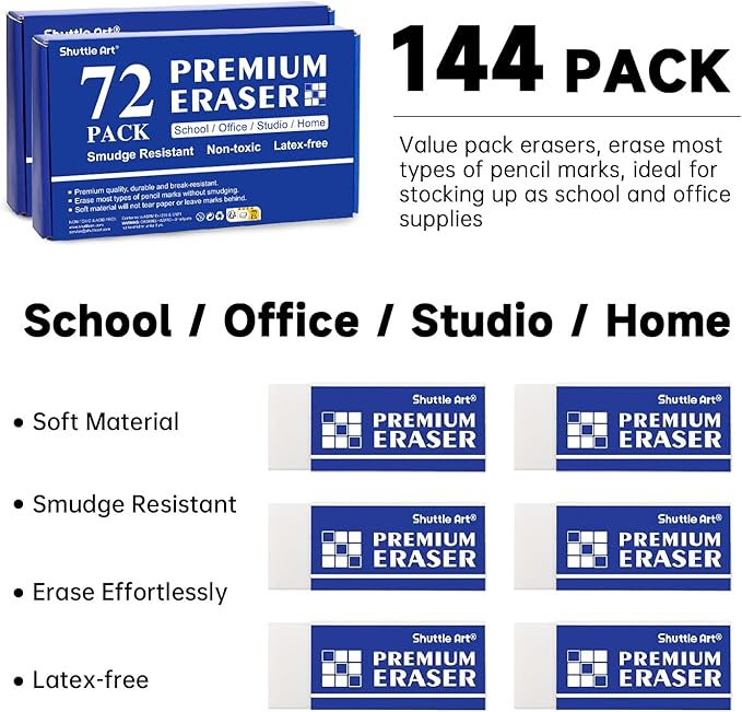 Erasers, Shuttle Art 144 Pack Premium Eraser Bulk - Image 2