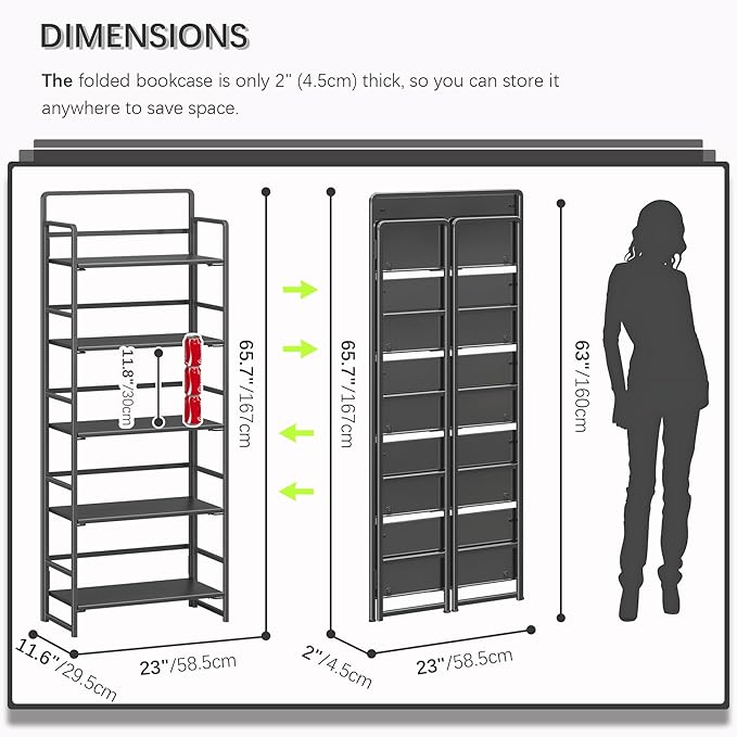 4NM No Assembly 5 Tiers Folding Bookshelf Storage Shelves Vintage Bookcase - Image 2