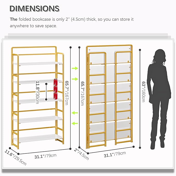 4NM No Assembly Extra Wide 5 Tiers Folding Bookshelf Storage Shelves Vintage - Image 2