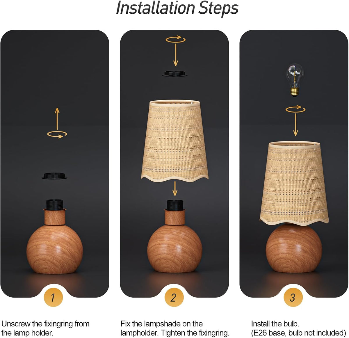 Minimalist Rattan Table Lamp, 11' Height, Woven Lampshade & E26 Socke...