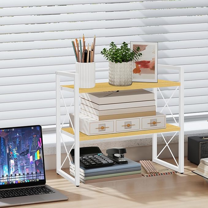 YINMIT Desktop Shelf Organizer, 2 Tier Office Shelves, Wood Desk Organizer - Image 2