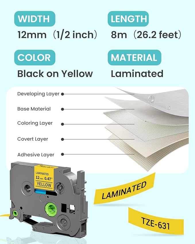 2-Pack Label Maker Tape 12mm 0.47" Yellow Replacement - Image 3