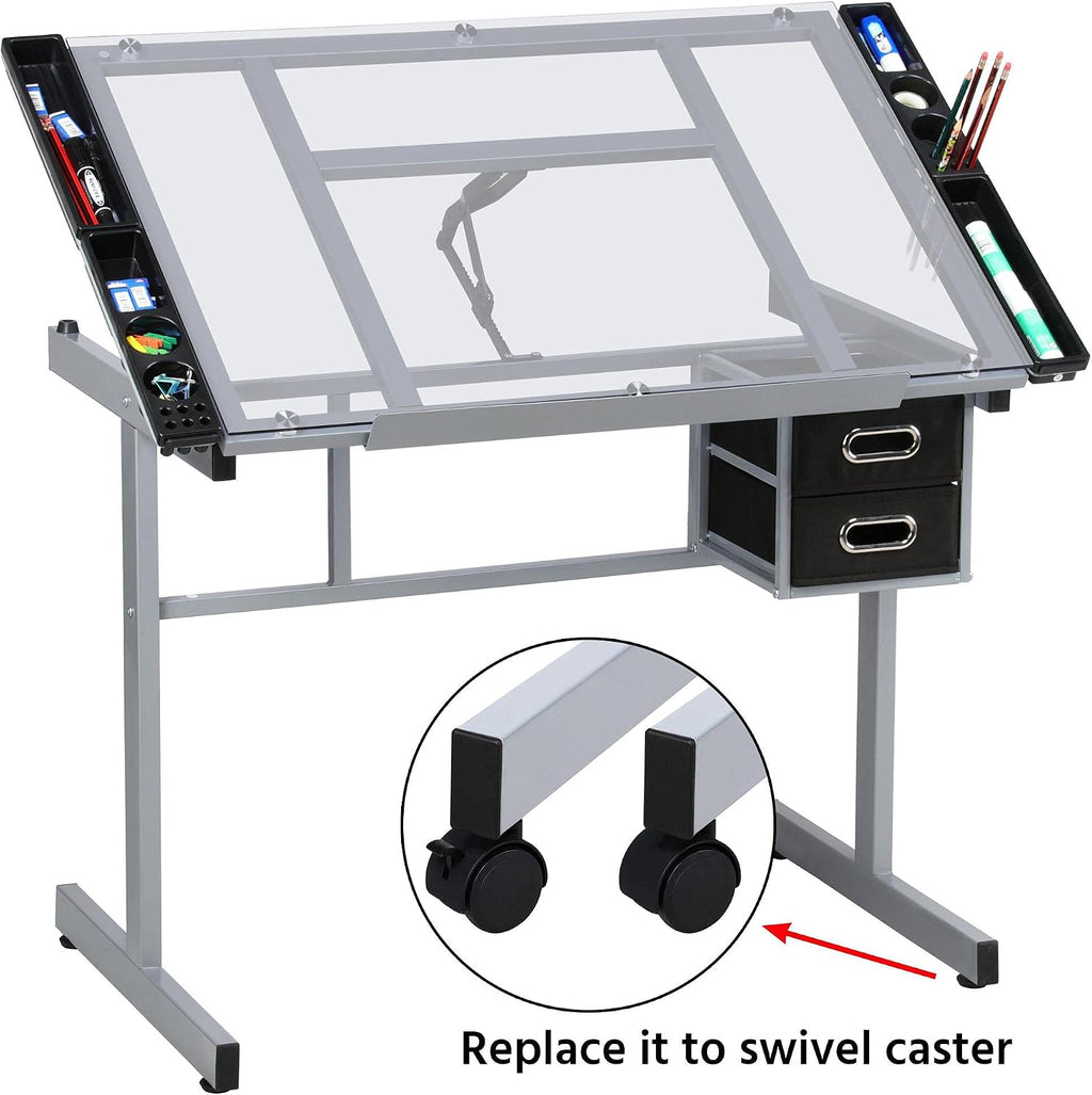 Yaheetech Glass Drafting Table with Storage, Adjustable Art Drawing Desk | Tempered glass top on a steel frame tilts 0-60° for drawing, tracing, or diamond art, plus two fabric drawers and side trays.
