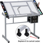 Yaheetech Glass Drafting Table with Storage, Adjustable Art Drawing Desk | Tempered glass top on a steel frame tilts 0-60° for drawing, tracing, or diamond art, plus two fabric drawers and side trays.