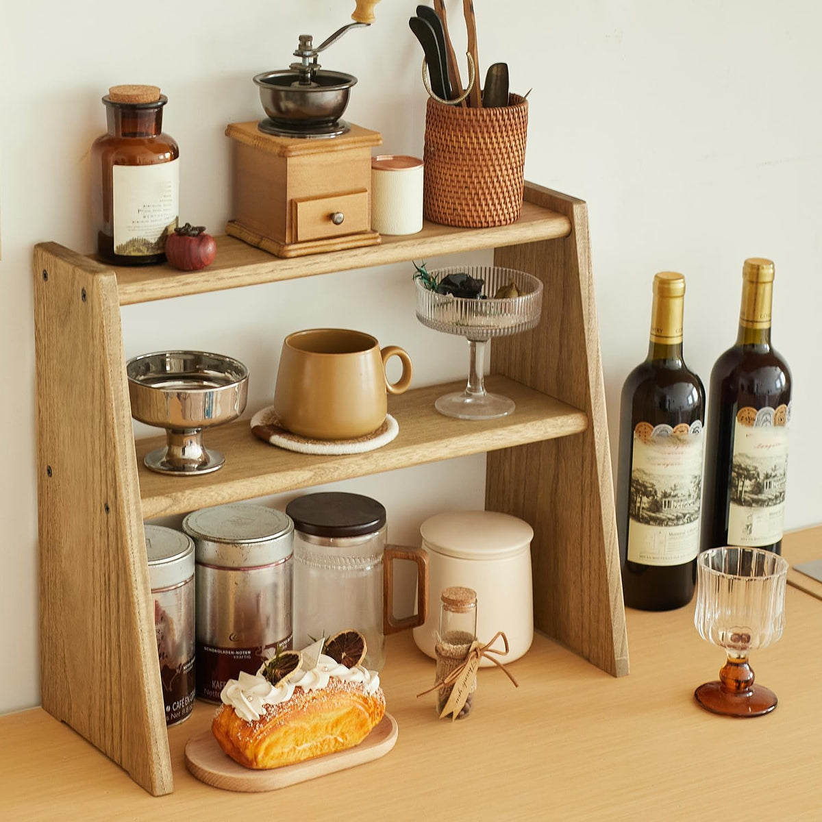 KIRIGEN Wood 3-Tier Ladder Shelf, Desk Organizer, Brown DGNJ-DBR