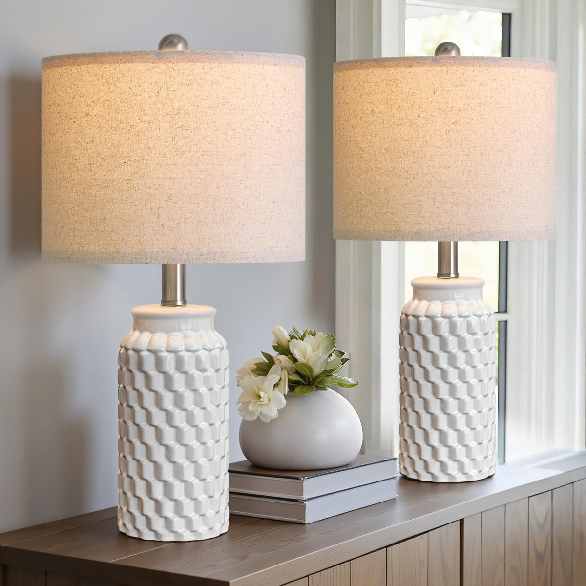 USumkky 20.5" White Modern Ceramic Bedside Lamps Set of 2, Small Table L...