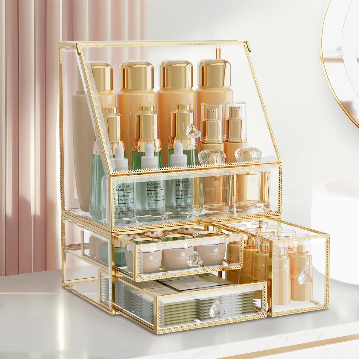 CoralHouse Glass Makeup Organizer with Lid and Drawer for Vanity, Clear