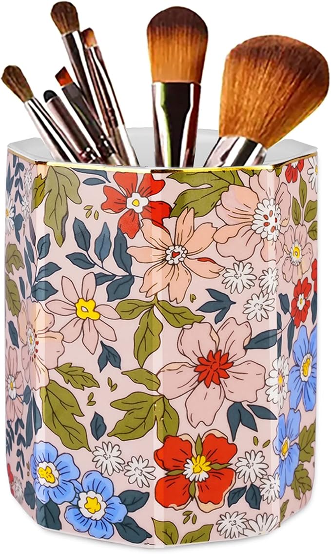 Jwest Pen Holder, Makeup Brush Holder Ceramic Shiny Gold Vintage Floral Flowers by Jwest