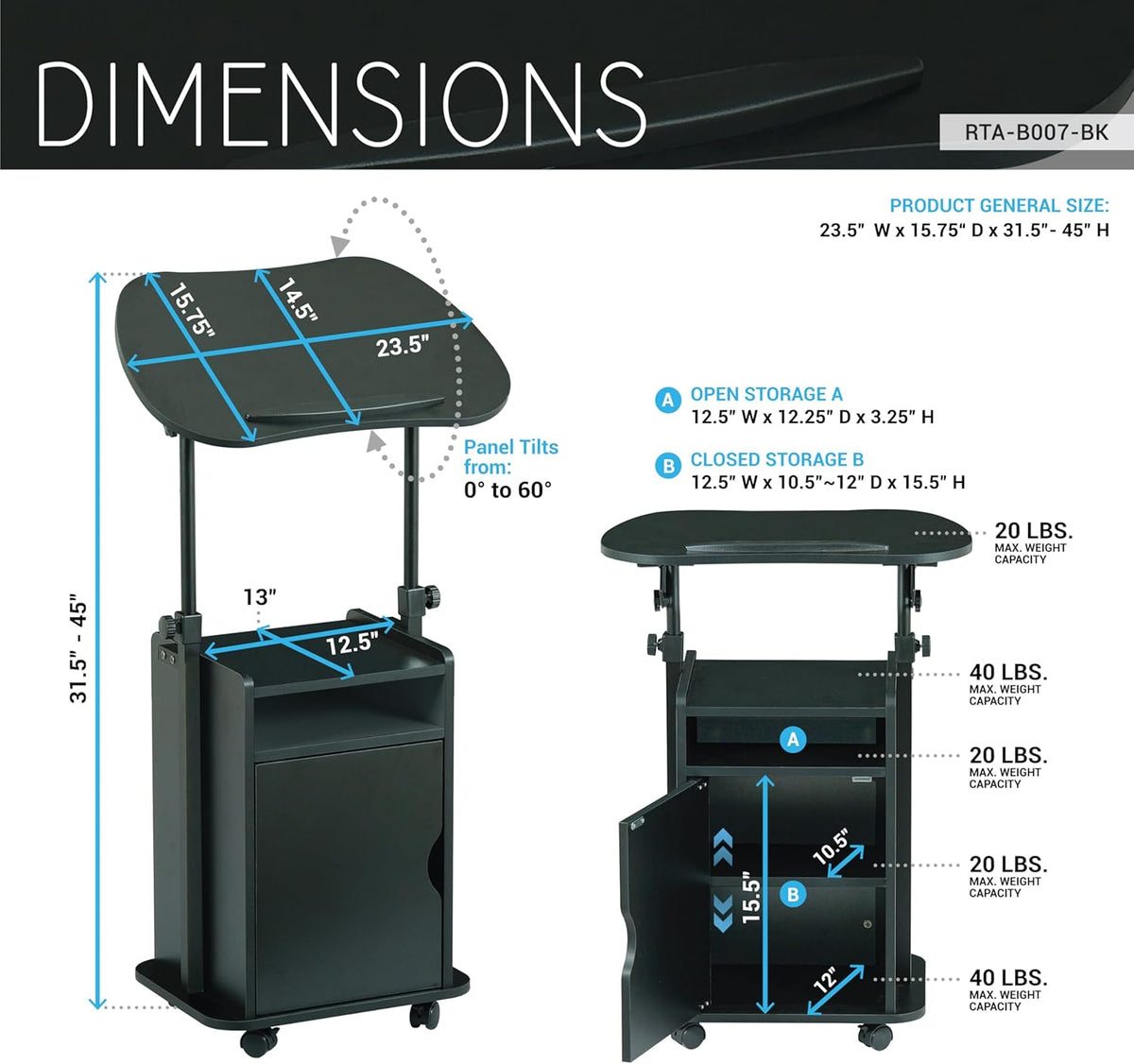 Techni Mobili Adjustable Laptop Cart w/Storage, Rolling Mobile Desk, Black
