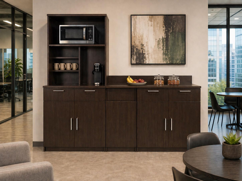 BREAKtime Upper Hutch Cabinet with 2-Door Storage, Microwave Space and Trash Bin, Office Breakroom Cabinet, Fully Assembled, 90" W x 24" D x 75" H, Appliances Not Included
