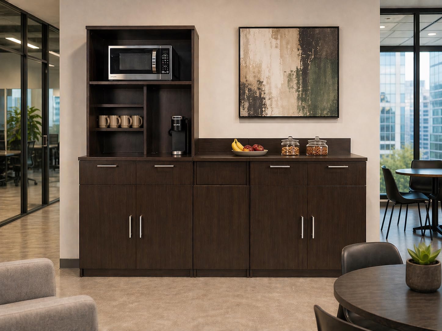 BREAKtime Upper Hutch Cabinet with 2-Door Storage, Microwave Space and Trash Bin, Office Breakroom Cabinet, Fully Assembled, 90" W x 24" D x 75" H, Appliances Not Included