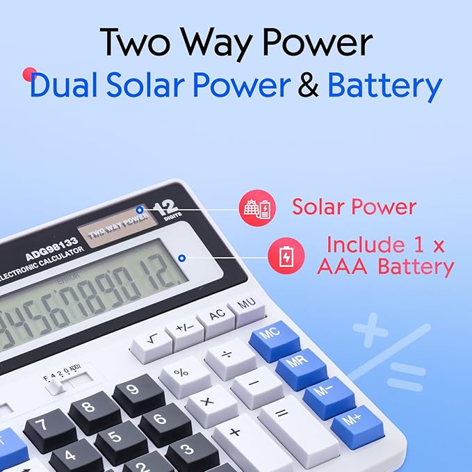 M&G Desk Calculator 12 Digit Extra Large LCD Display, Dual Solar Power and - Image 3