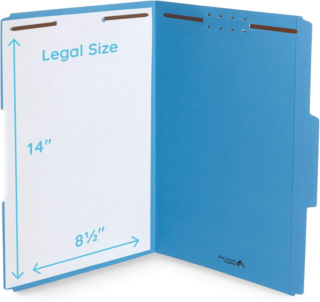 Blue Summit Supplies 50 Fastener File Folders, Legal, Heavy Duty, Blue | Heavy-duty 14pt, reinforced 1/3 top tab, legal size, embedded fasteners, for legal, medical, and office records
