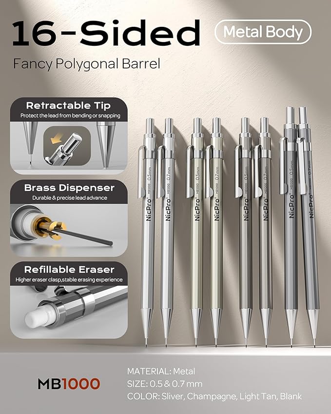 Nicpro 8 Pack 0.5mm & 0.7mm Metal Mechanical Pencil Set, MB1000 Lead Drafting - Image 2