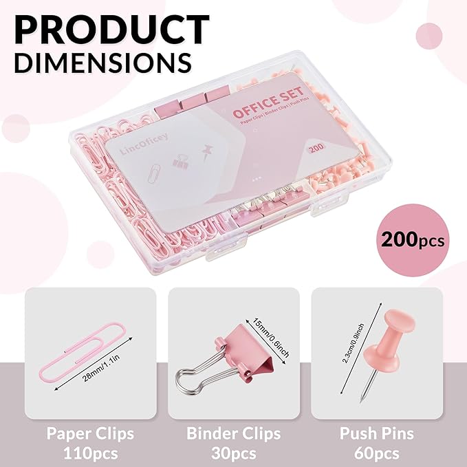 LincOficey 200pcs Paper Clips Binder Clips and Push Pins Set, Mini Clips and - Image 2