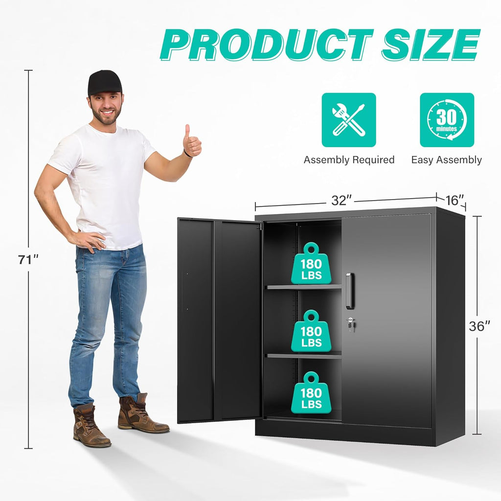 Metal Storage Cabinet Locked Steel Cabinet with 2 Adjustable Shelves,Office Cabinet Locking Tool Cabinets,Kitchen Storage Cabinets Metal Locker Small Counter Height Storage Cupboard 36" H
