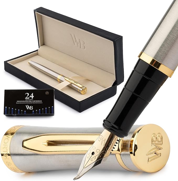 Wordsworth & Black Fountain Pen Set, 18K Gilded Bent Nib, Includes 24 Pack Ink by WordsworthBlack