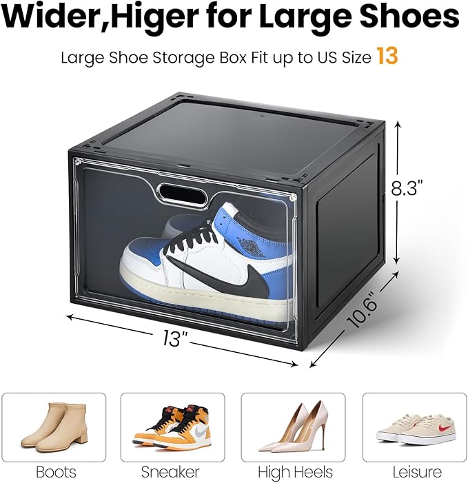 Amllas 8 Pack Shoe Boxes Black Plastic Stackable, Large Shoe Storage Organizer - Image 2