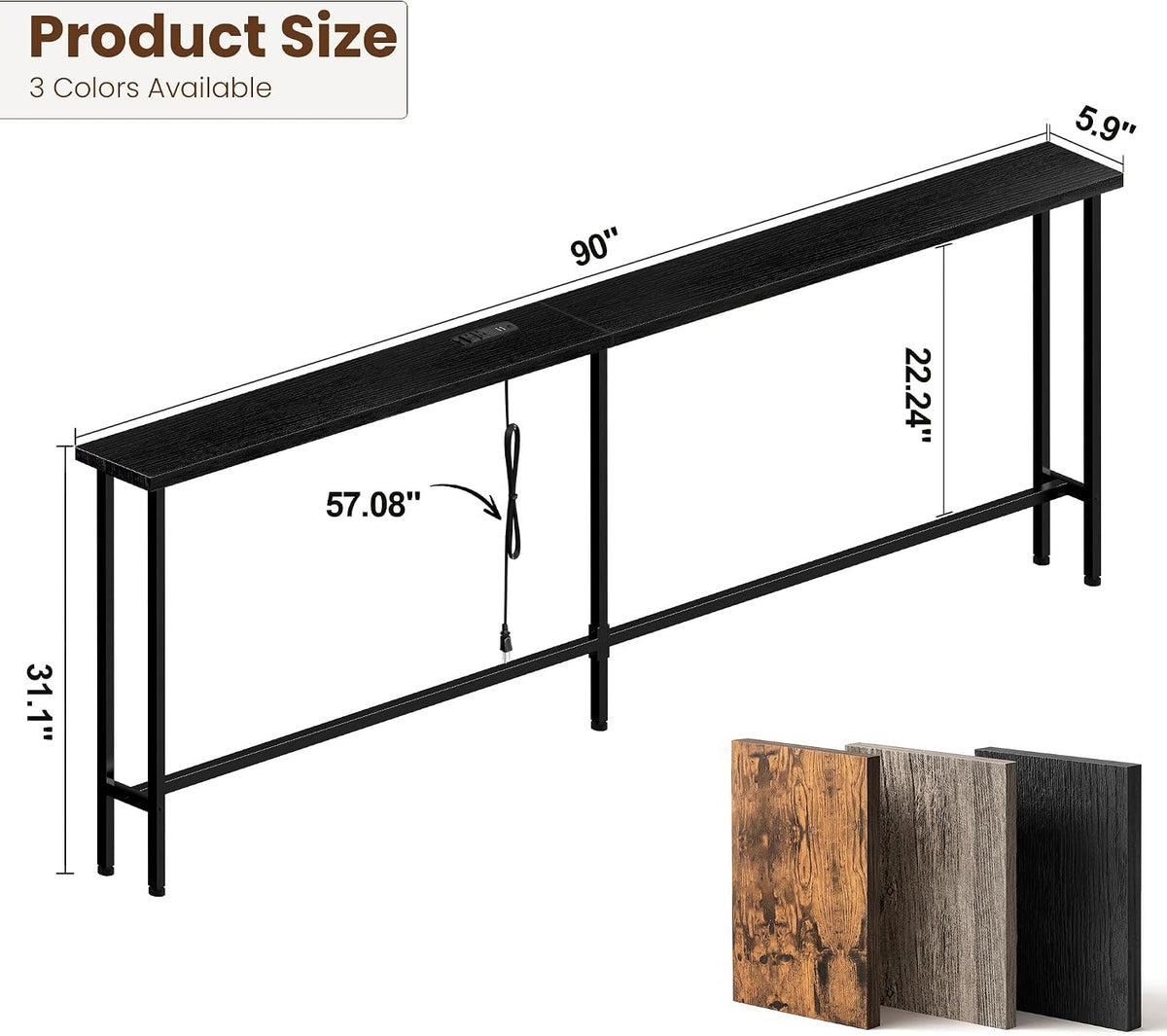 GRLEAF 90 Inch Narrow Sofa Table with Power Outlet, Extra Long Console Table ...