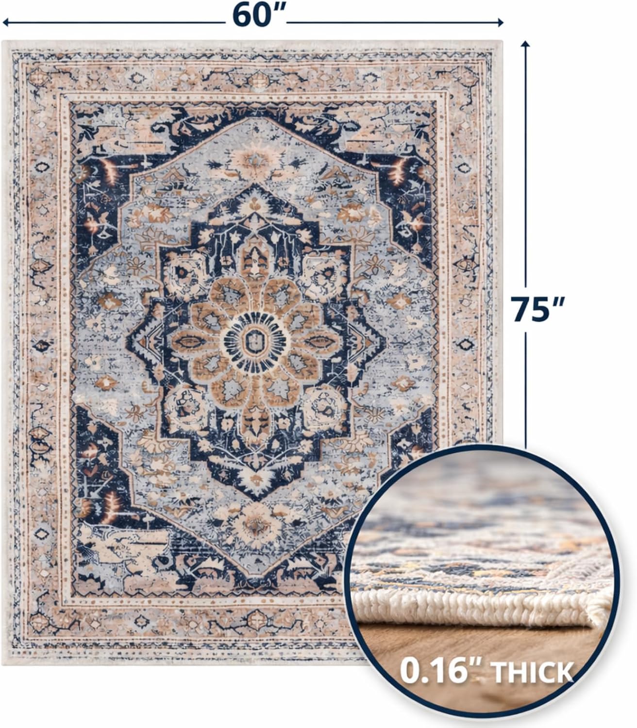Office Chair Mat for Hard Floor - 60'' x 75'' Chair Mat for Hardwood and Tile Floors, Non-Slip Hard Floor Protection Mats for Rolling Chair Under Desk, Machine Wash (Beige & Blue)