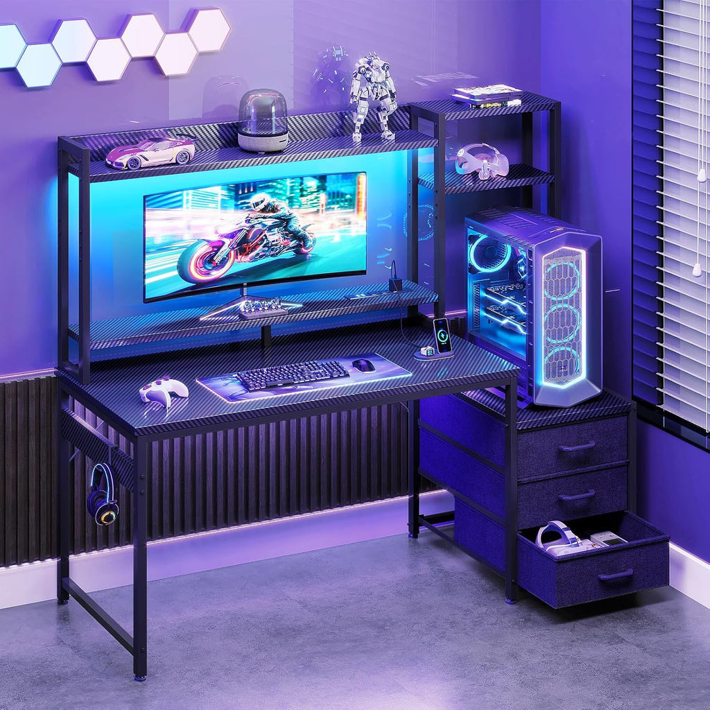 Casaottima 48 Inch Gaming Desk with Shelves & Hutch & 3 Drawers & LED Light | Reversible PC Desk with Tower Stand & Power Outlets, Computer Desk for Home Office, Carbon Fiber Black