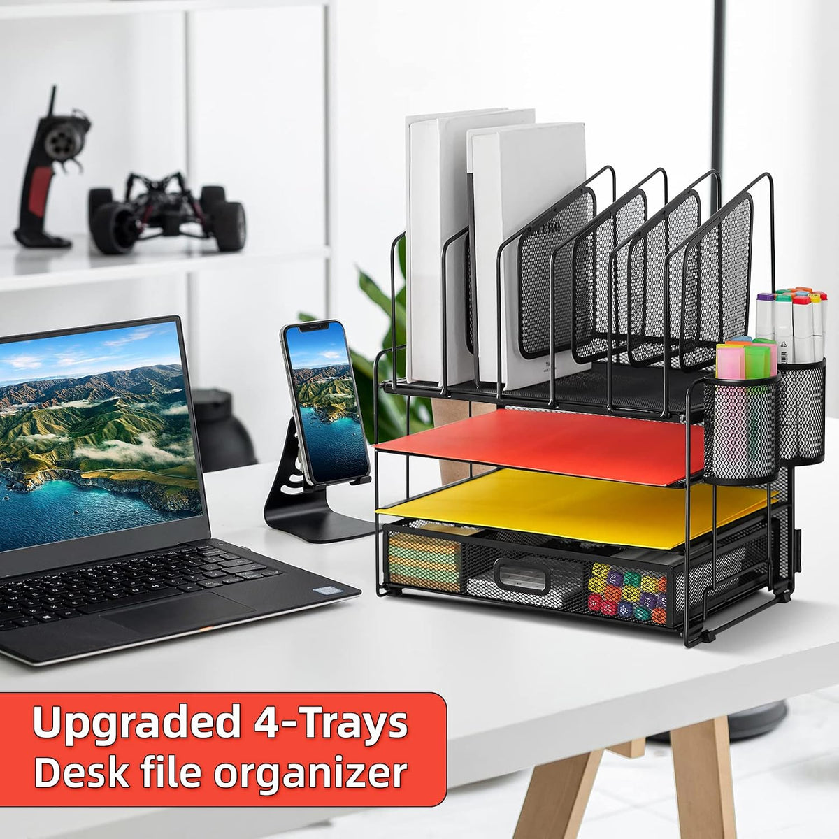 marbrasse desk organizer with drawer, 4-tier mesh file, close-up detail