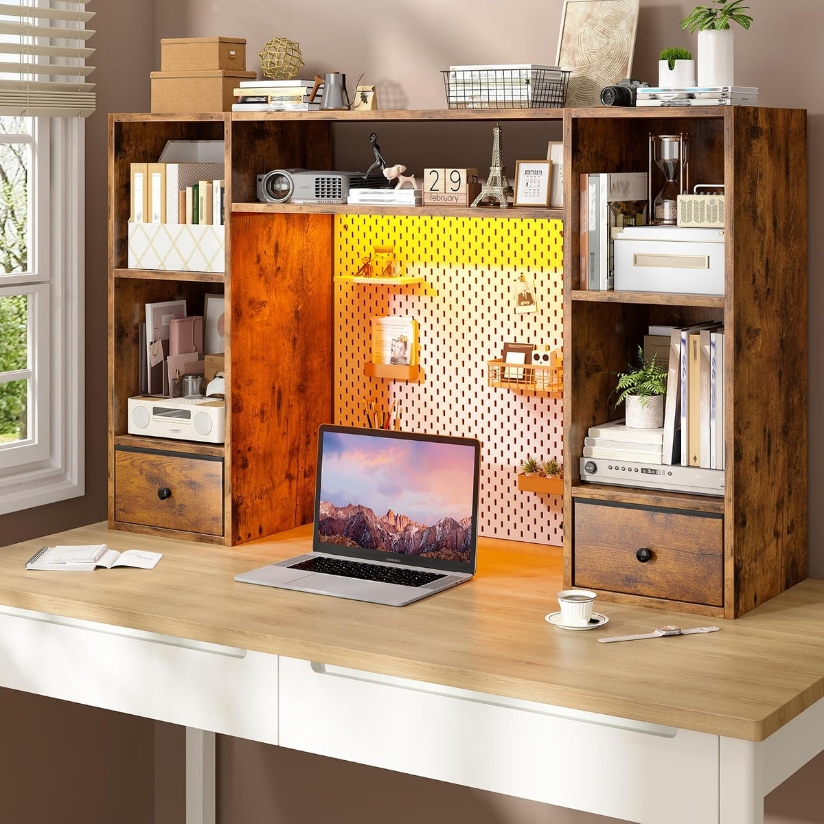 REIBII 47.2" Desktop Bookshelf, 6 Shelves & 2 Drawers, LED Lights, B...