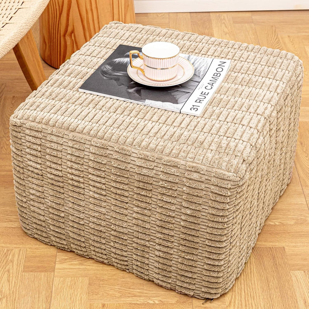 asuprui square ottoman foot rest, light coffee, 20x14 shown in use