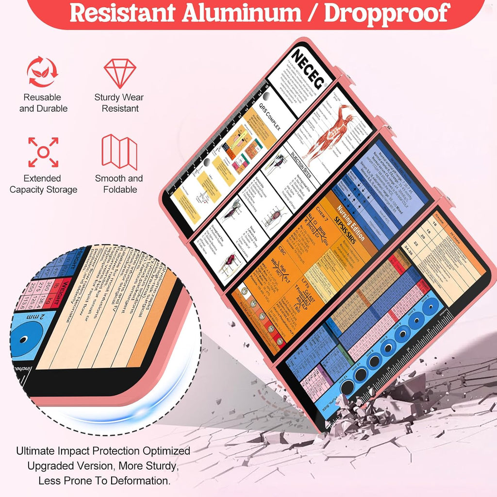 Nursing Clipboard Foldable, 4-Fold Aluminum Pocket Size, Rose | Folding Clipboard with Medical Cheat Sheets, Metal Pen Clip & Privacy Protection for Nurses, Nursing Students & Doctors