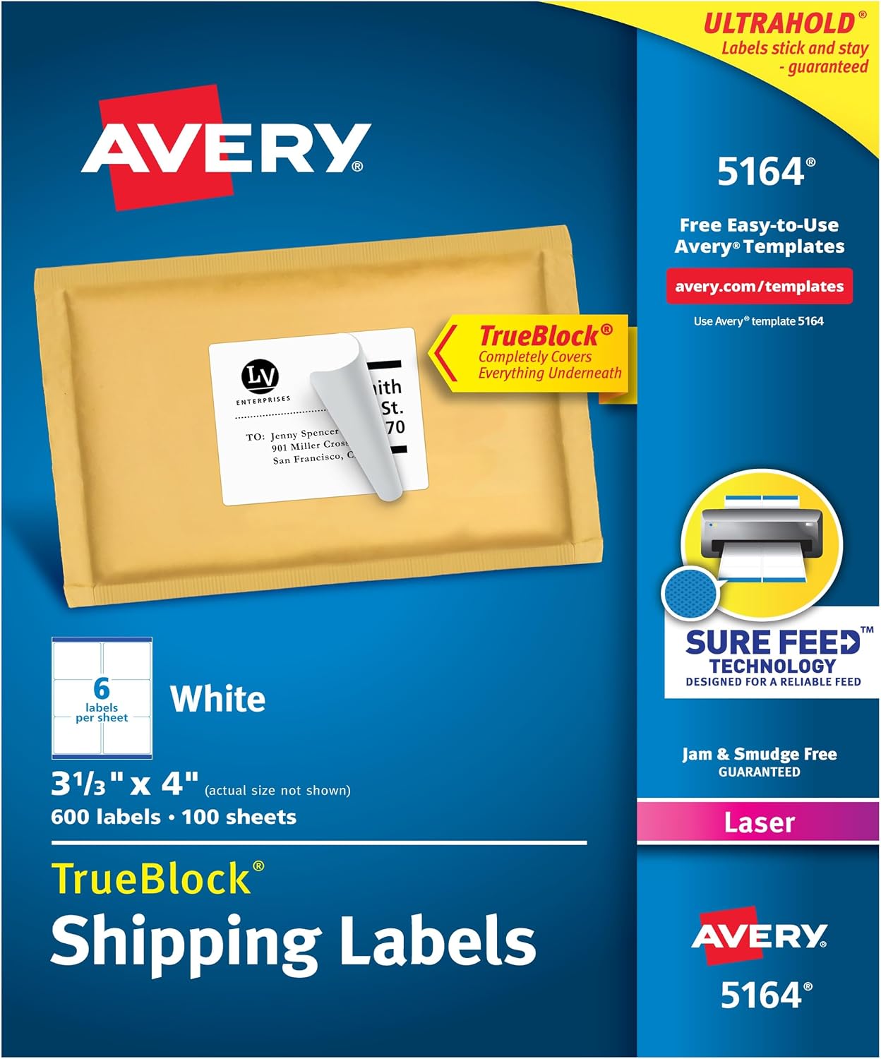 Avery Printable Shipping Labels with Sure Feed, 3-1/3" x 4", White, 600 Blank Mailing Labels for Laser Printers (5164)