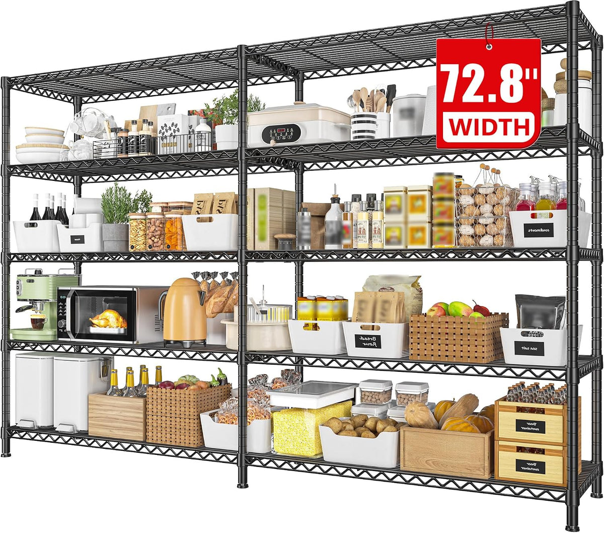 REIBII 72.8" W Storage Shelves Load 1600LBS, 5 Tier Metal Shelving Unit Wire