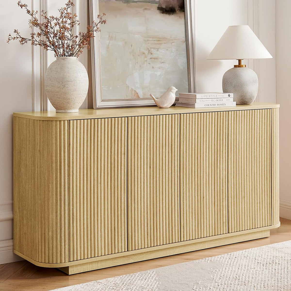 64" Fluted Buffet Cabinet with Storage, Natural Sideboard Cabinet