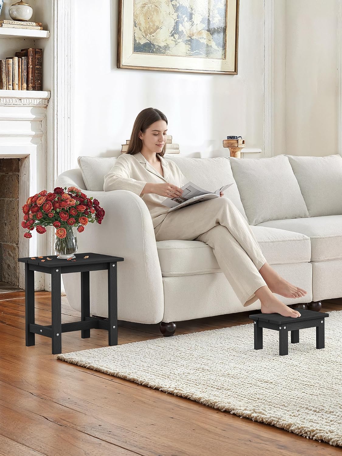 LUE BONA Small Outdoor Side Table with Removable Footstool for Patio, Black